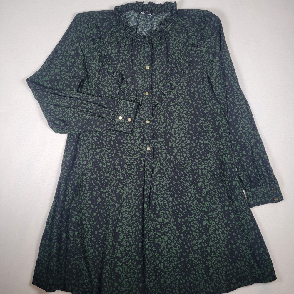 Zara Ruffled Animal‎ Print Shirt Dress, Green  & Black, Long Sleeve,  Size S